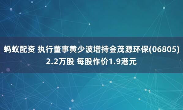 蚂蚁配资 执行董事黄少波增持金茂源环保(06805)2.2万股 每股作价1.9港元
